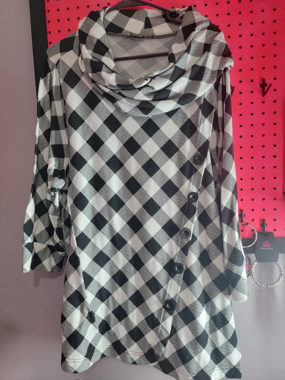 Black & White Plaid Cowl Neck Tunic Top